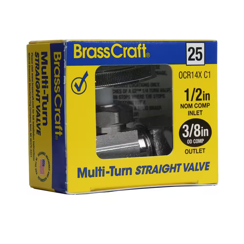 Brass Multi-Turn Straight Valve with 1/2 Inch Compression Inlet and 3/8 Inch Compression Outlet
