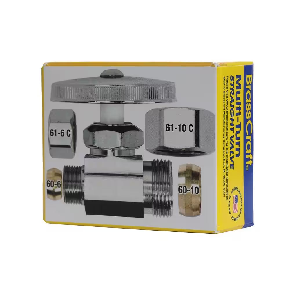 Brass Multi-Turn Straight Valve with 1/2 Inch Compression Inlet and 3/8 Inch Compression Outlet