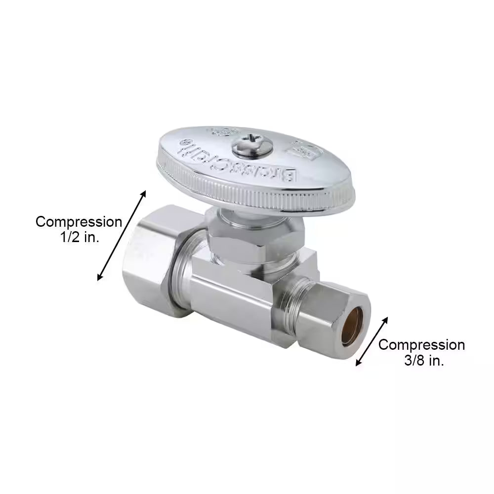 Brass Multi-Turn Straight Valve with 1/2 Inch Compression Inlet and 3/8 Inch Compression Outlet