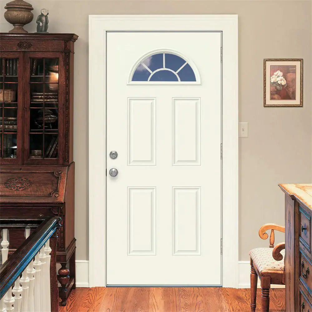 36 In. X 80 In. Fan Lite Primed Steel Prehung Left-Hand Inswing Front Door W/Brickmould