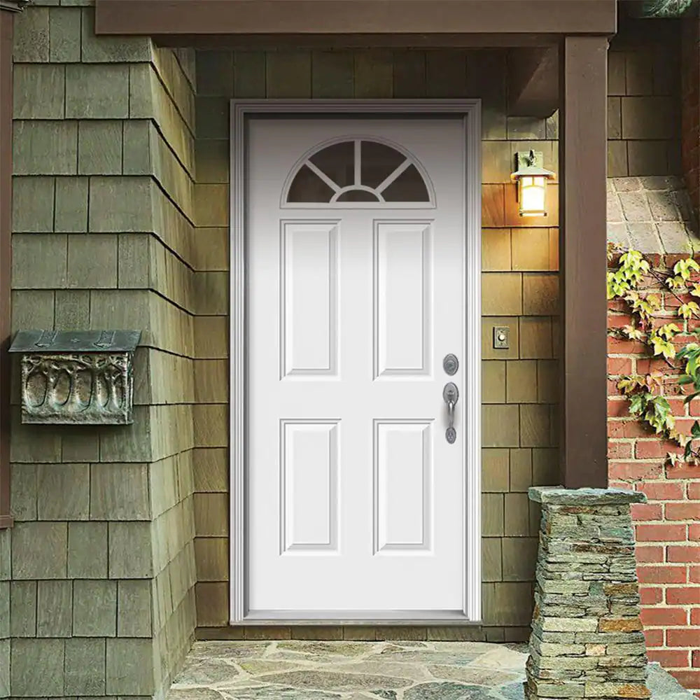 36 In. X 80 In. Fan Lite Primed Steel Prehung Left-Hand Inswing Front Door W/Brickmould